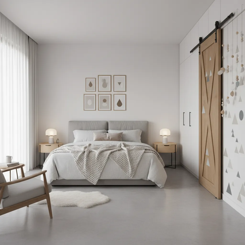 Bedroom door decorated with removable decals and hanging decor safe for renters