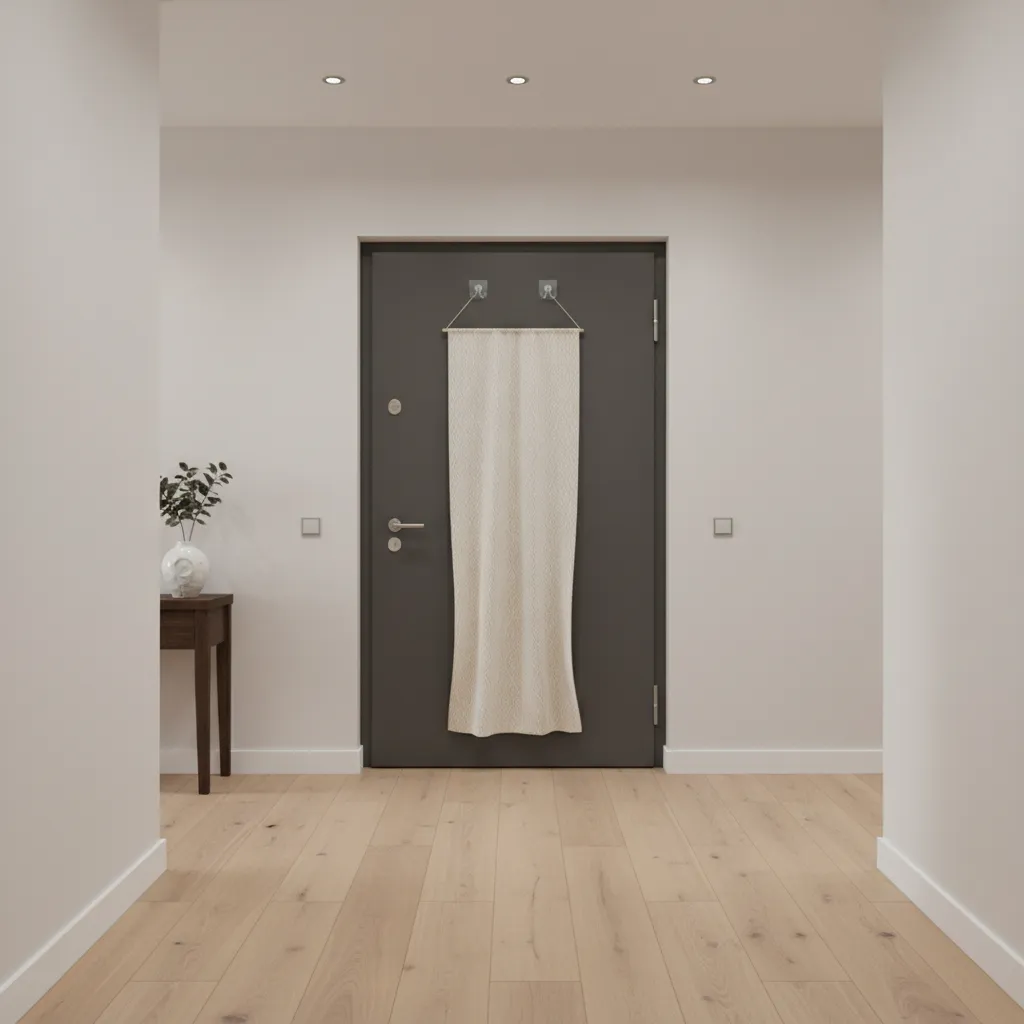 Door decorated using removable hooks and fabric banner