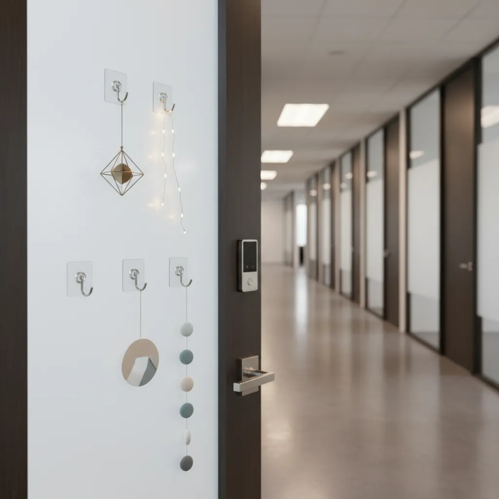 removable adhesive hooks used to safely hang decorations on office door