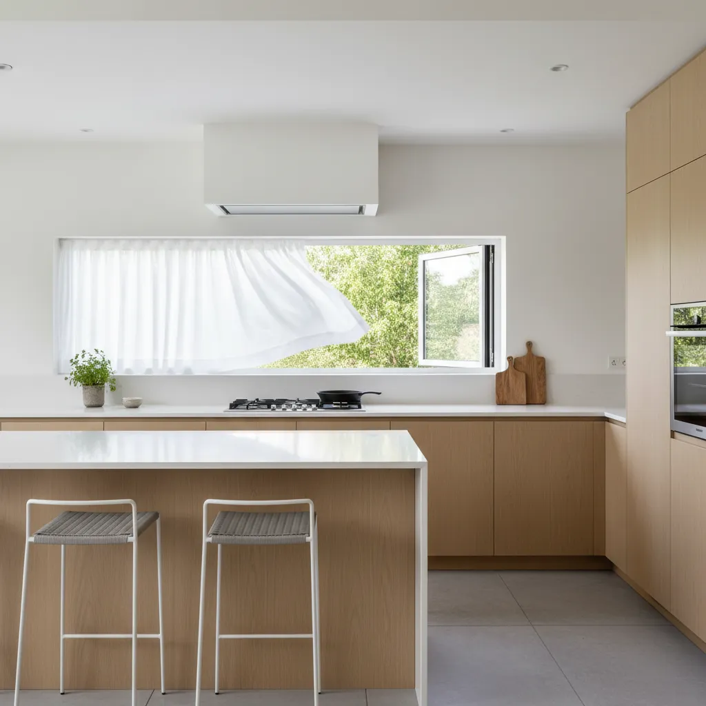Modern kitchen with wood cabinets white countertops open window blowing white curtains and two stools