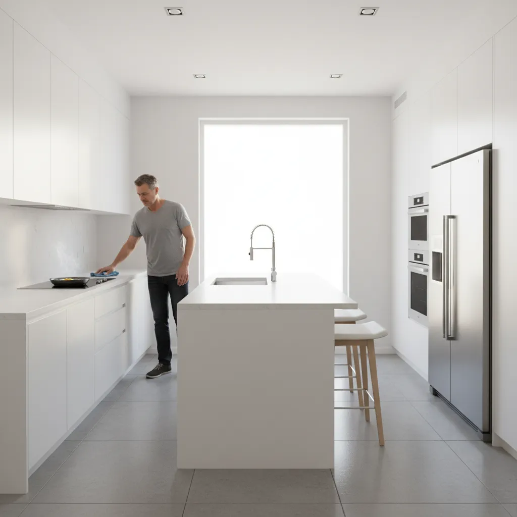 Man cleaning a white kitchen counter in a modern bright room with island and fridge
