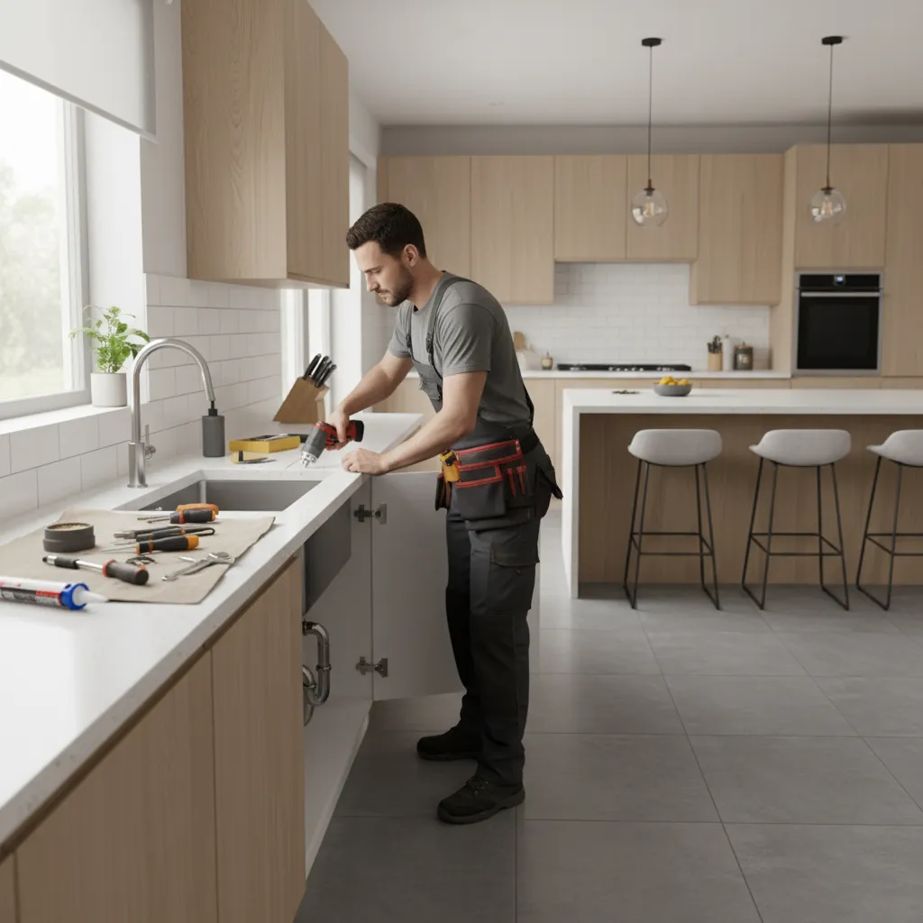 Professional worker using power drill to remove kitchen sink with tools on counter in home