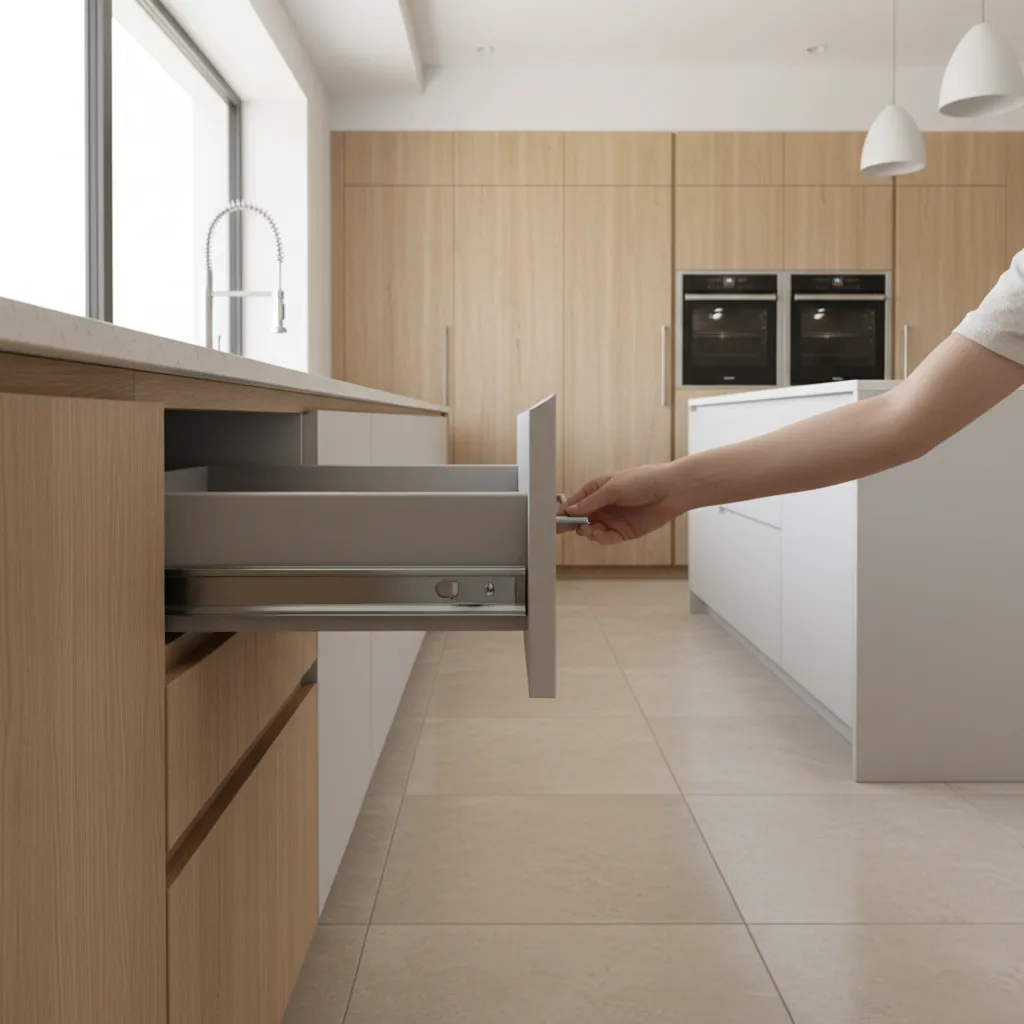 Side view of a hand opening a modern kitchen drawer to show the metal sliding track