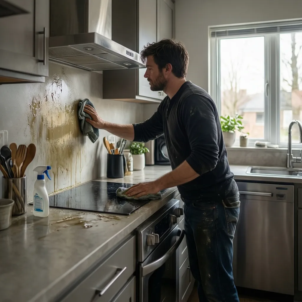 Man cleaning thick grease stains from kitchen wall and stove using blue cloth and spray