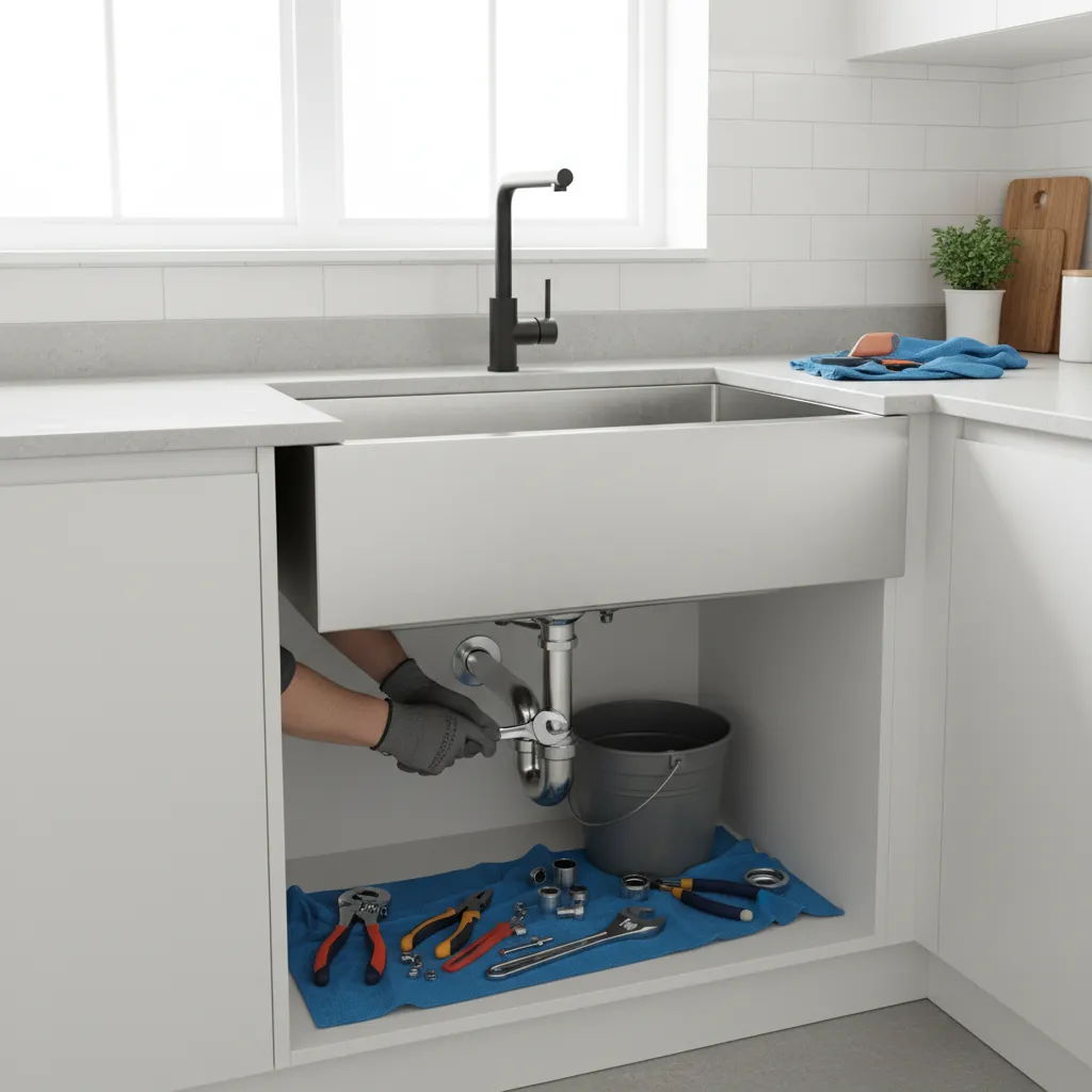 Plumber using a metal wrench to fix silver pipes under a modern stainless steel kitchen sink
