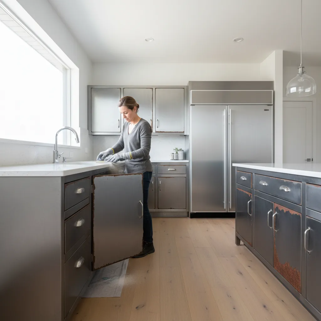 Woman cleaning metal kitchen cabinet doors with rust spots in kitchen with light wood floors