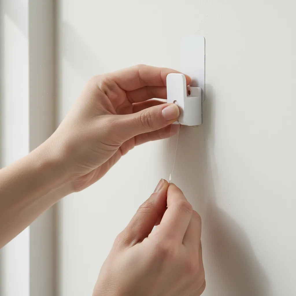 Hand carefully removing adhesive hook from painted wall without damaging paint