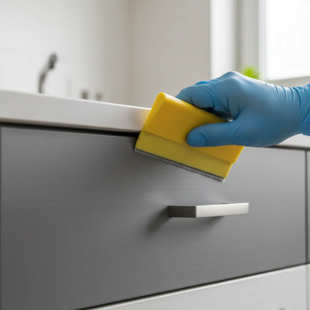 smoothing tool removing air bubbles from cabinet skin surface