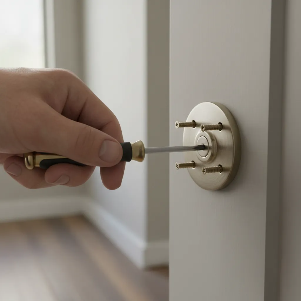 Using a Phillips screwdriver to remove bathroom privacy lock screws from door