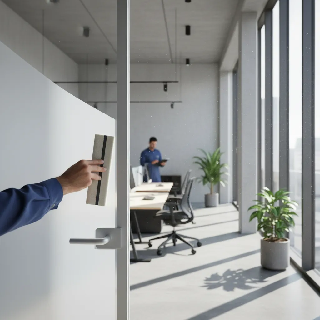 Installer using a squeegee to remove bubbles from frosted window film on office door