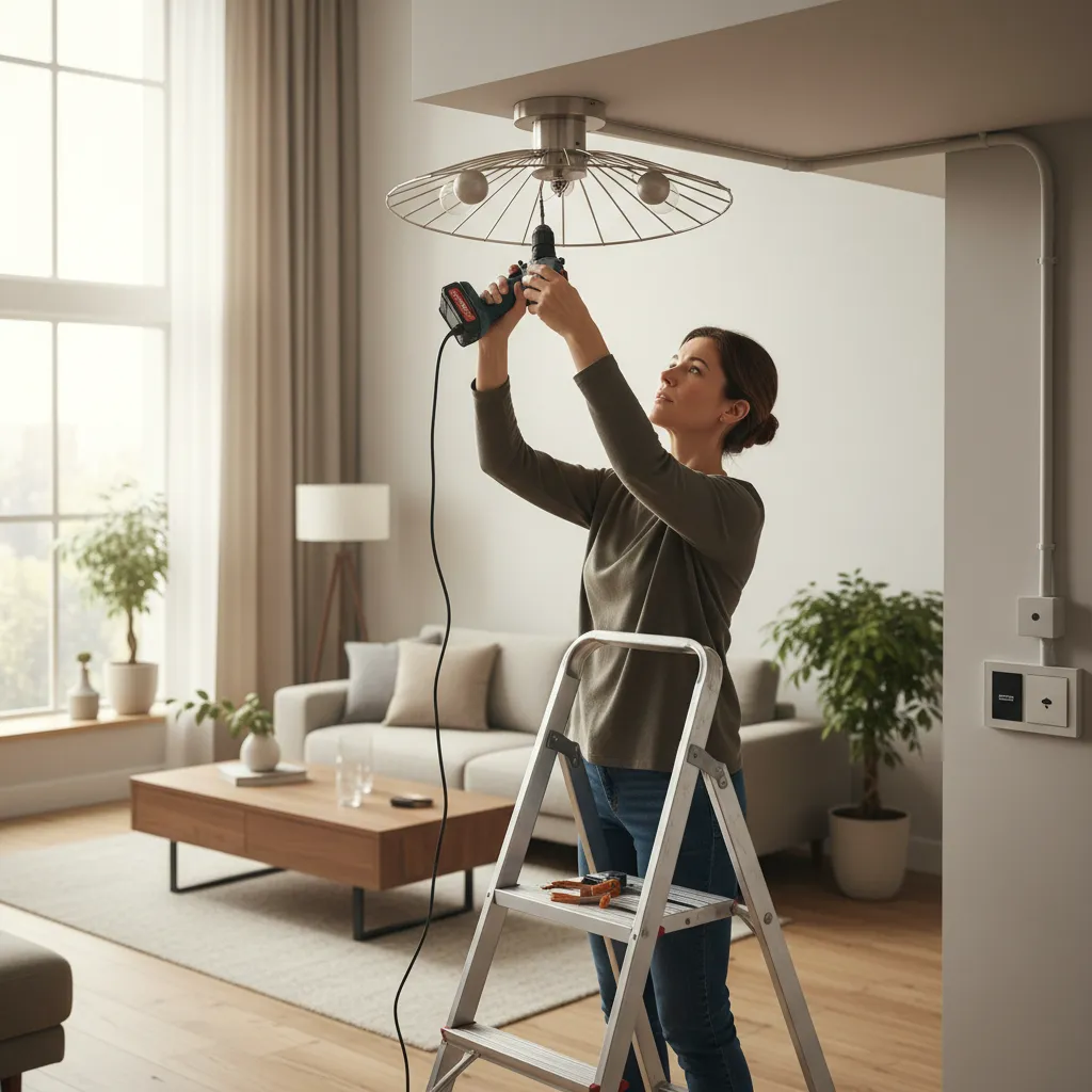 person removing ceiling light fixture with screwdriver on ladder