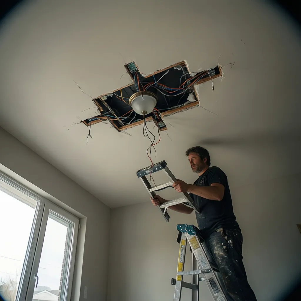 Ceiling light fixture partially removed showing exposed wiring and mounting bracket