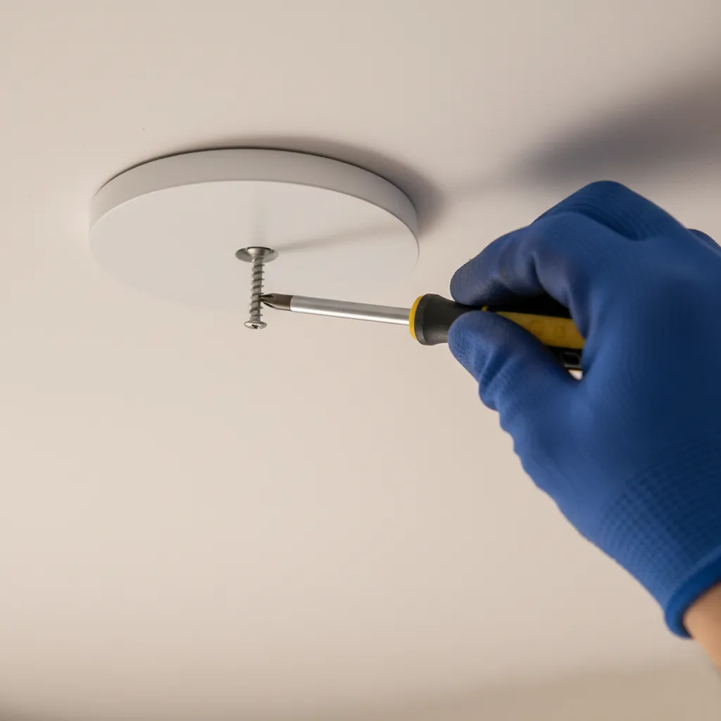 close view of screwdriver removing ceiling light mounting screws