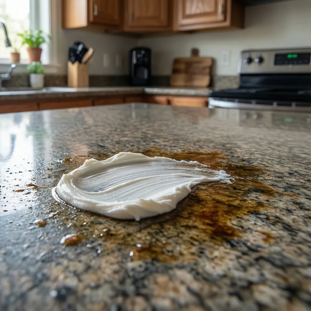 cleaning paste applied to stone countertop stain removal