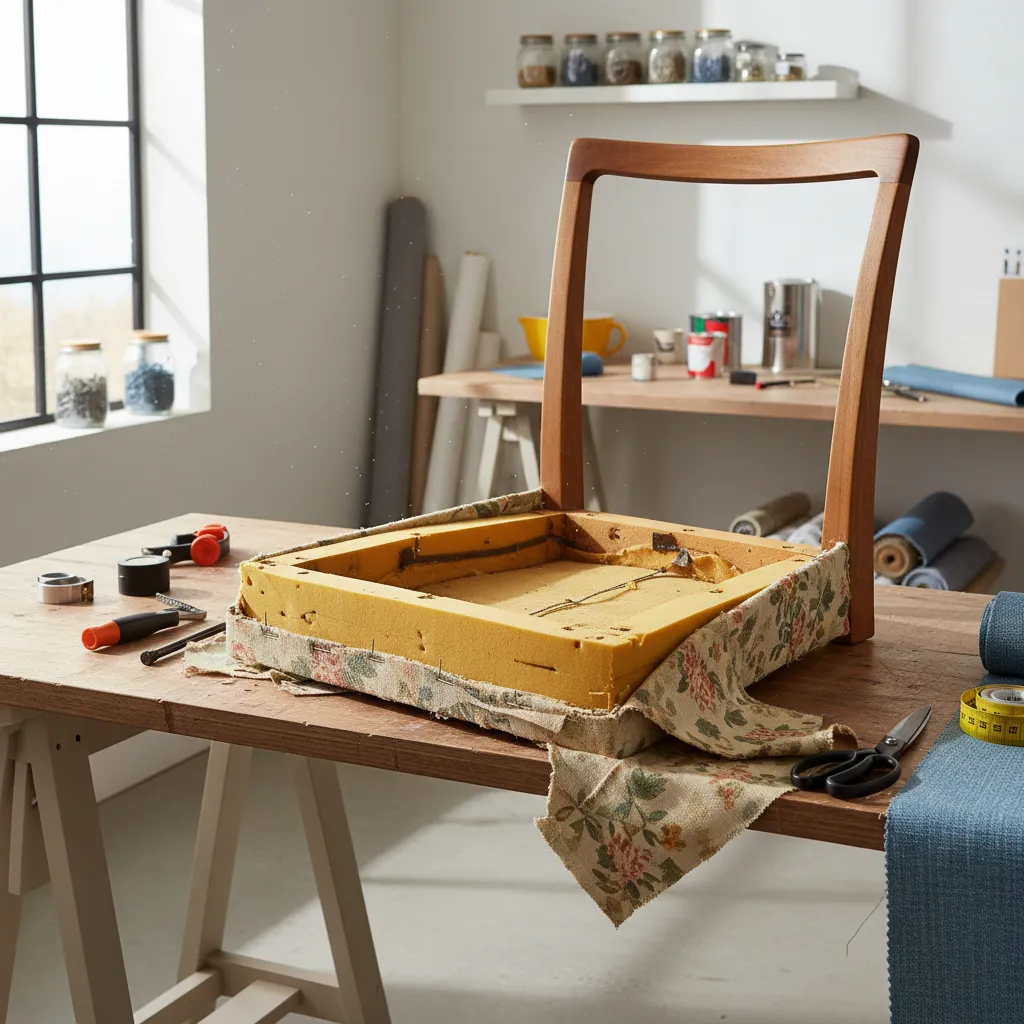 Dining chair seat removed from frame showing foam and fabric before reupholstery