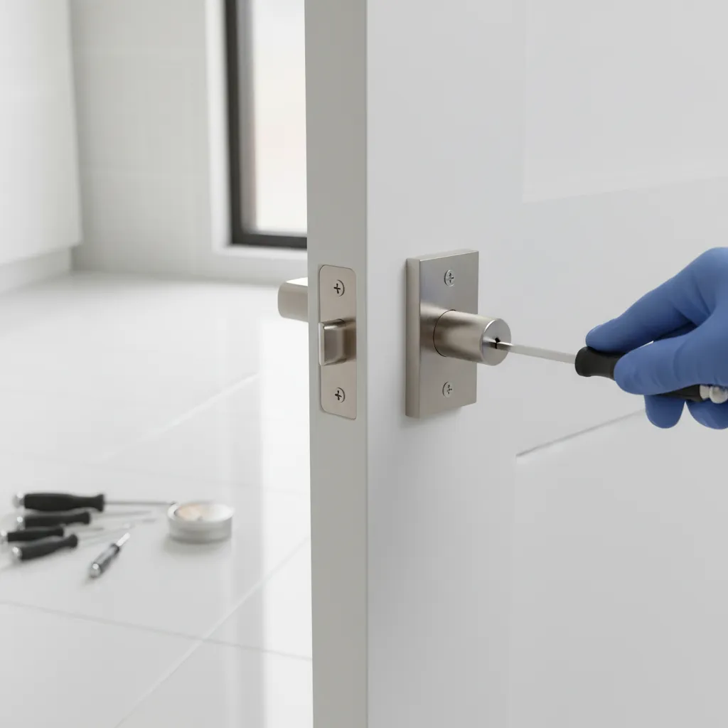 Bathroom door latch being pulled out after lock hardware removal