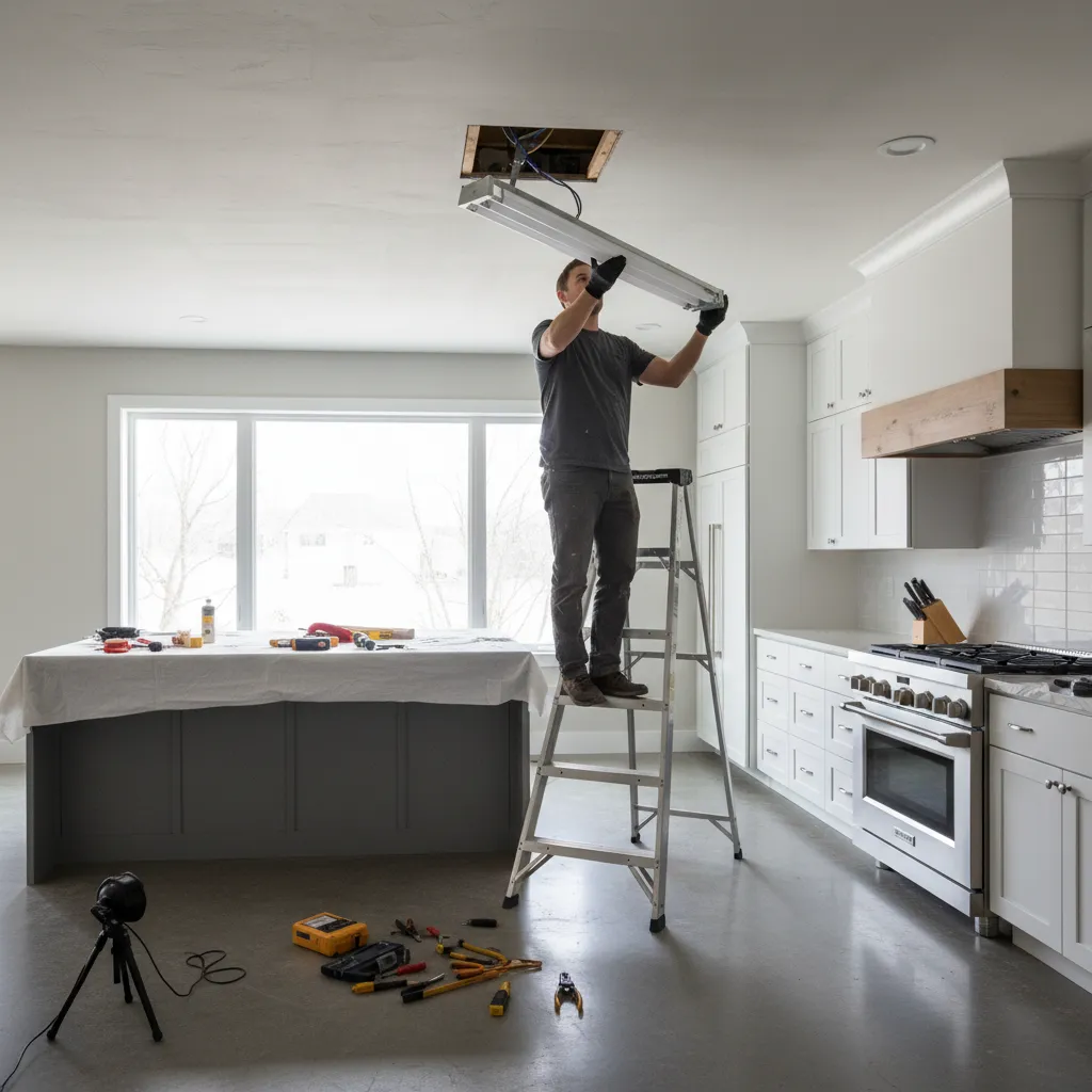 removing old fluorescent light fixture from kitchen ceiling during renovation