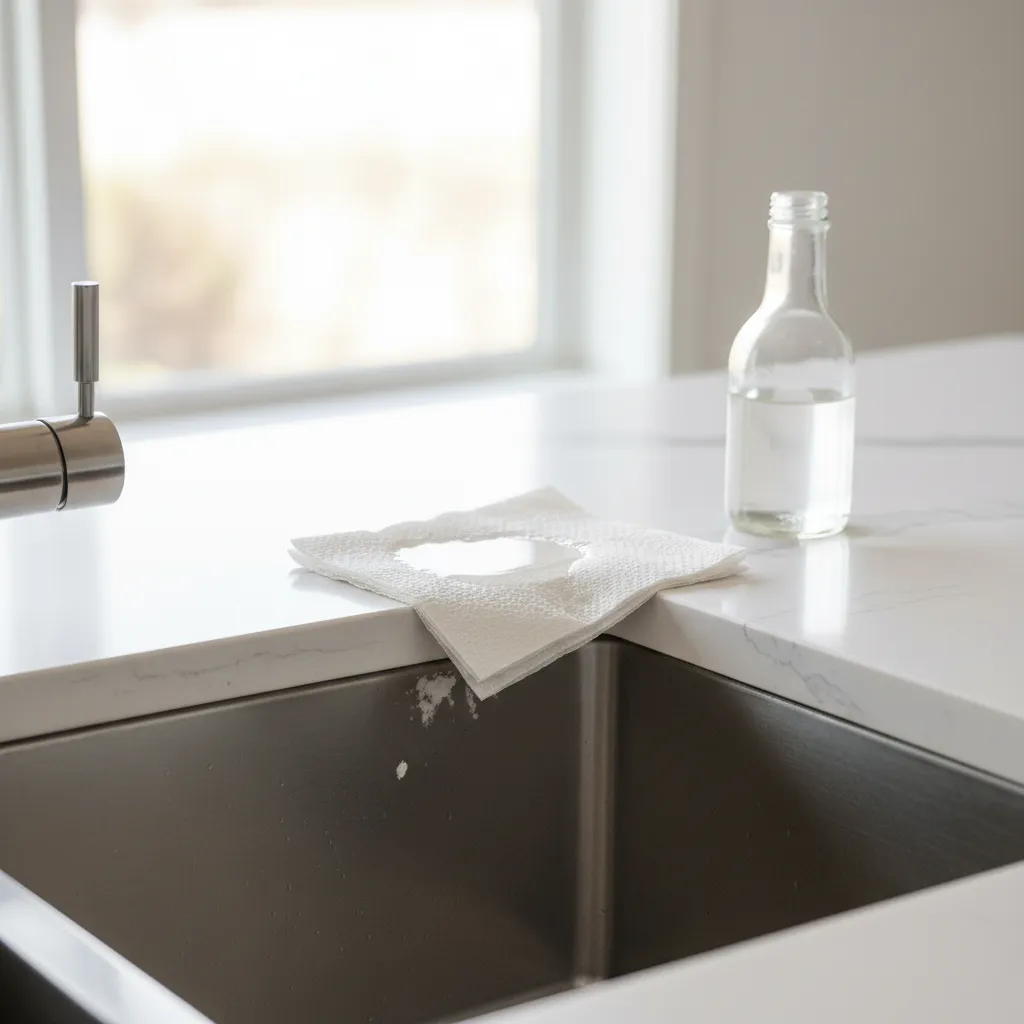 paper towel soaked with vinegar placed on sink to remove mineral stains