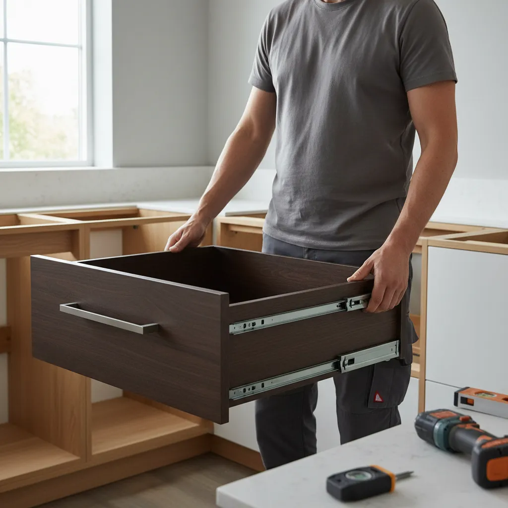 Installer supporting a heavy soft close kitchen drawer during removal