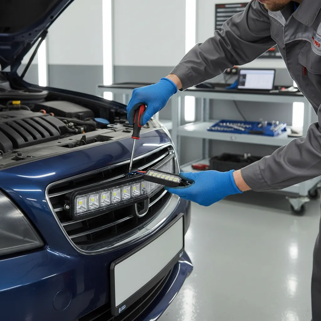 mechanic removing aftermarket strobe lights from a vehicle grille