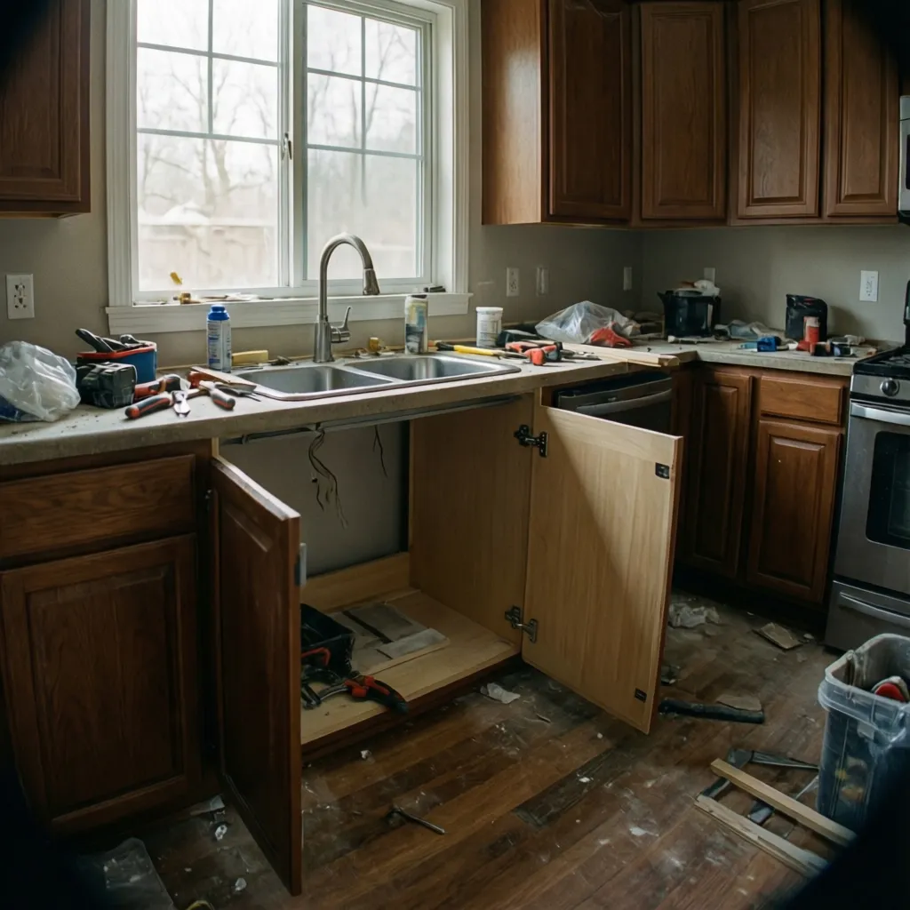 worker sliding a kitchen cabinet box out from under a countertop