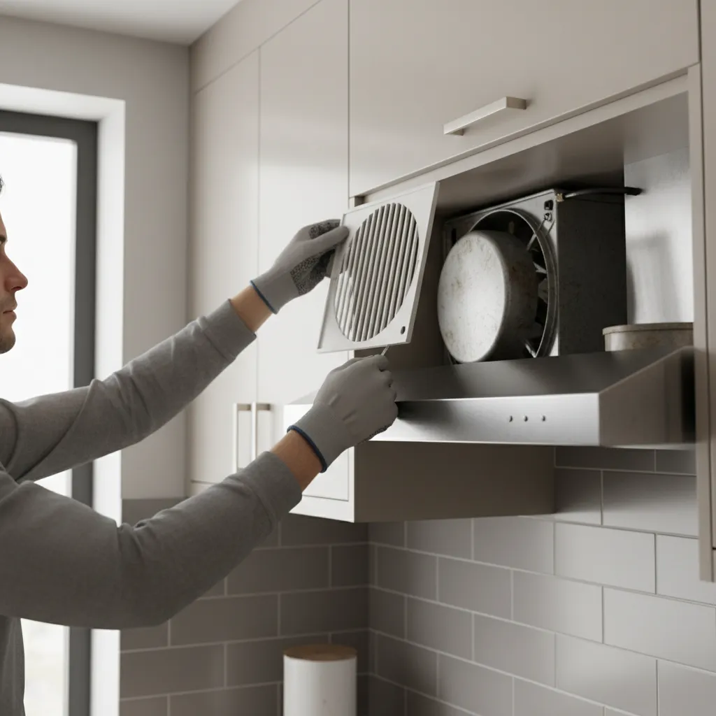 Removing the cover of a kitchen wall exhaust fan for cleaning