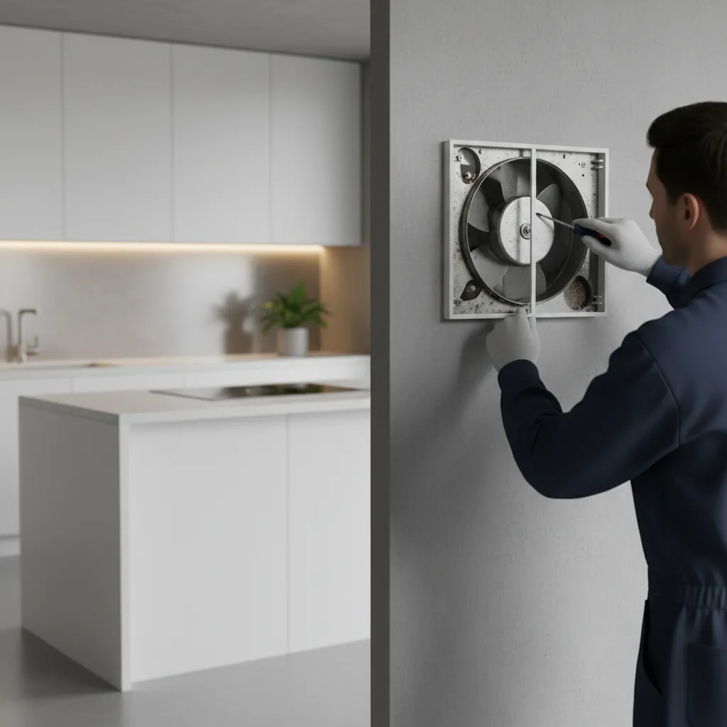 Removing the front grille of a kitchen wall exhaust fan for repair