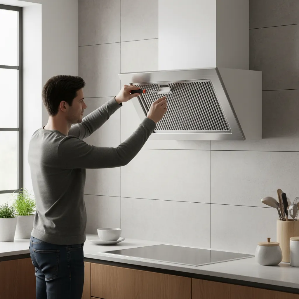 A man uses a tool to remove the metal cover from a modern kitchen exhaust fan