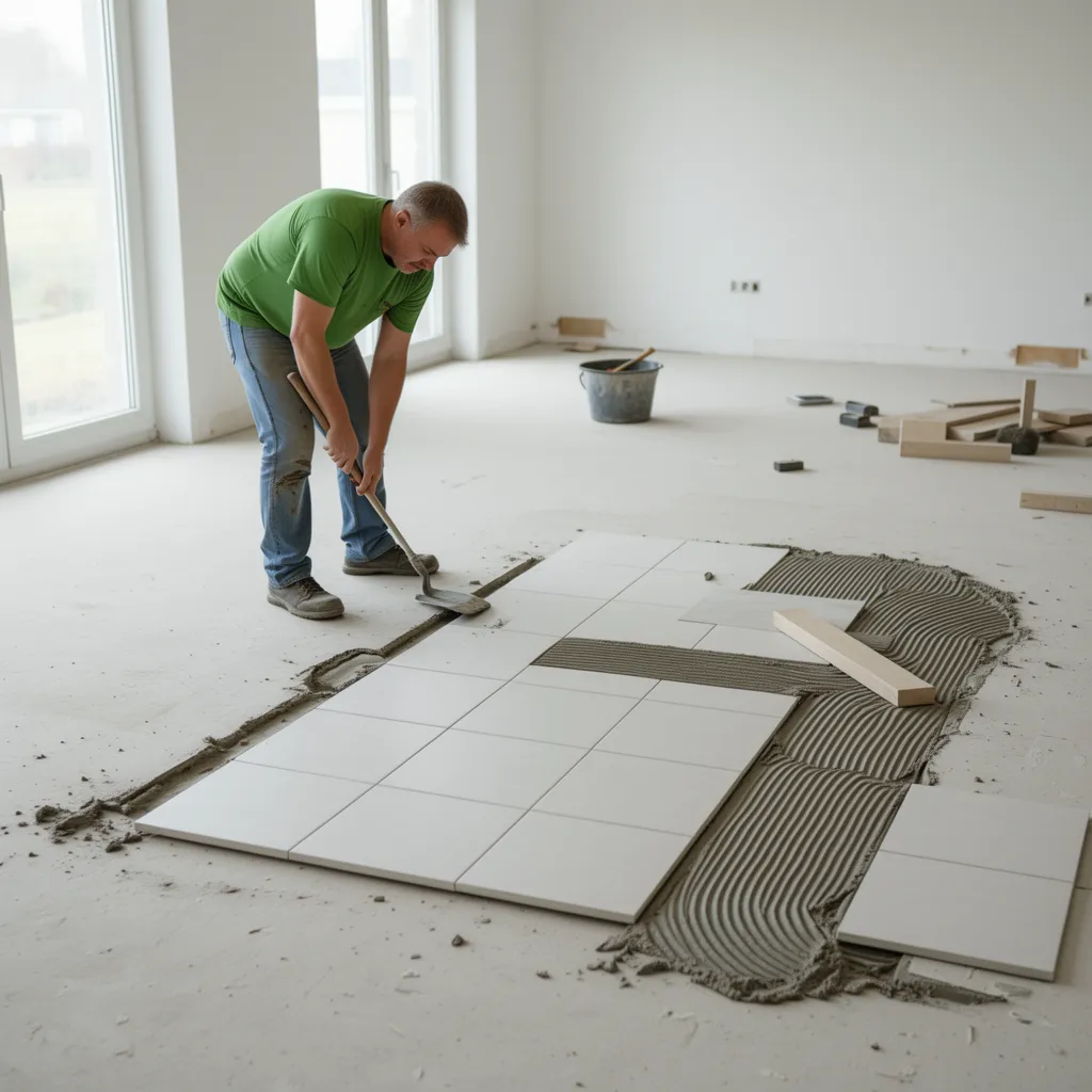 worker removing loose floor tile during repair process