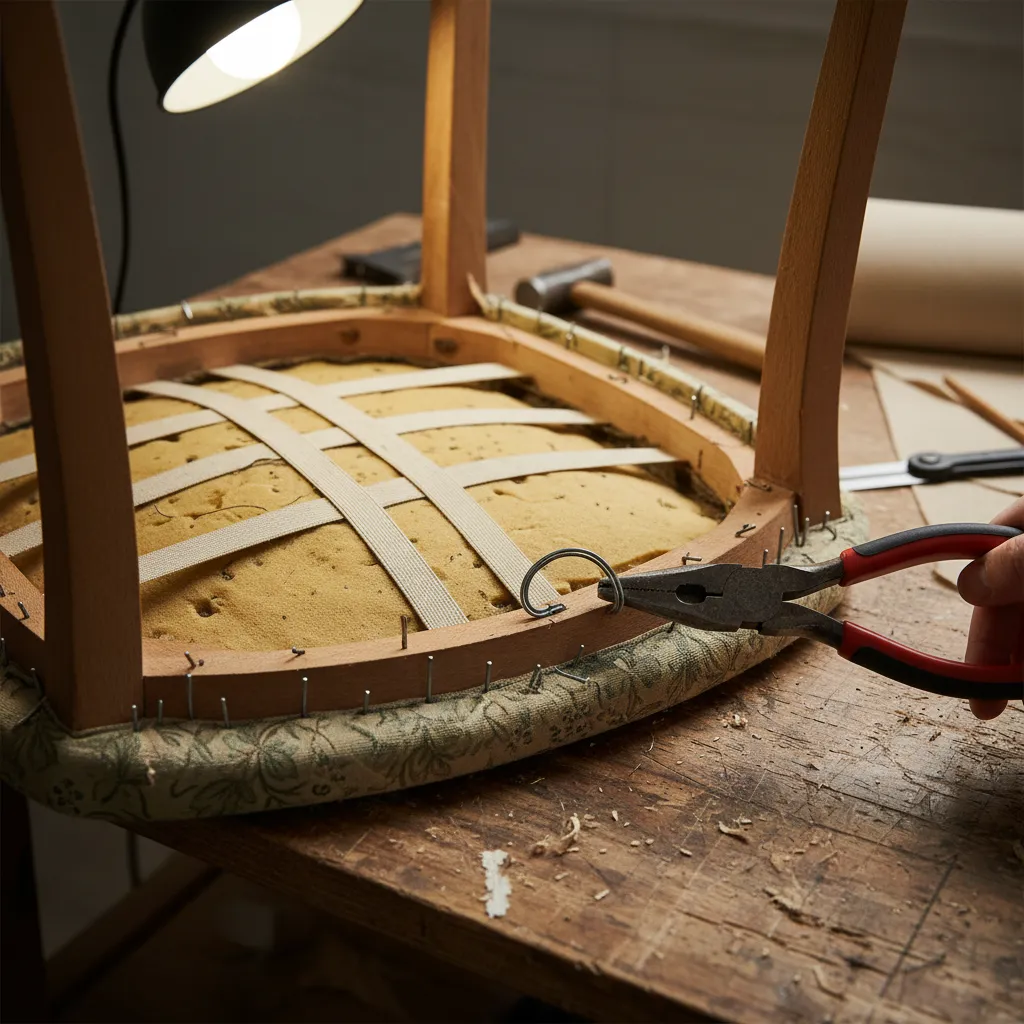 Removing old fabric and staples from dining chair seat