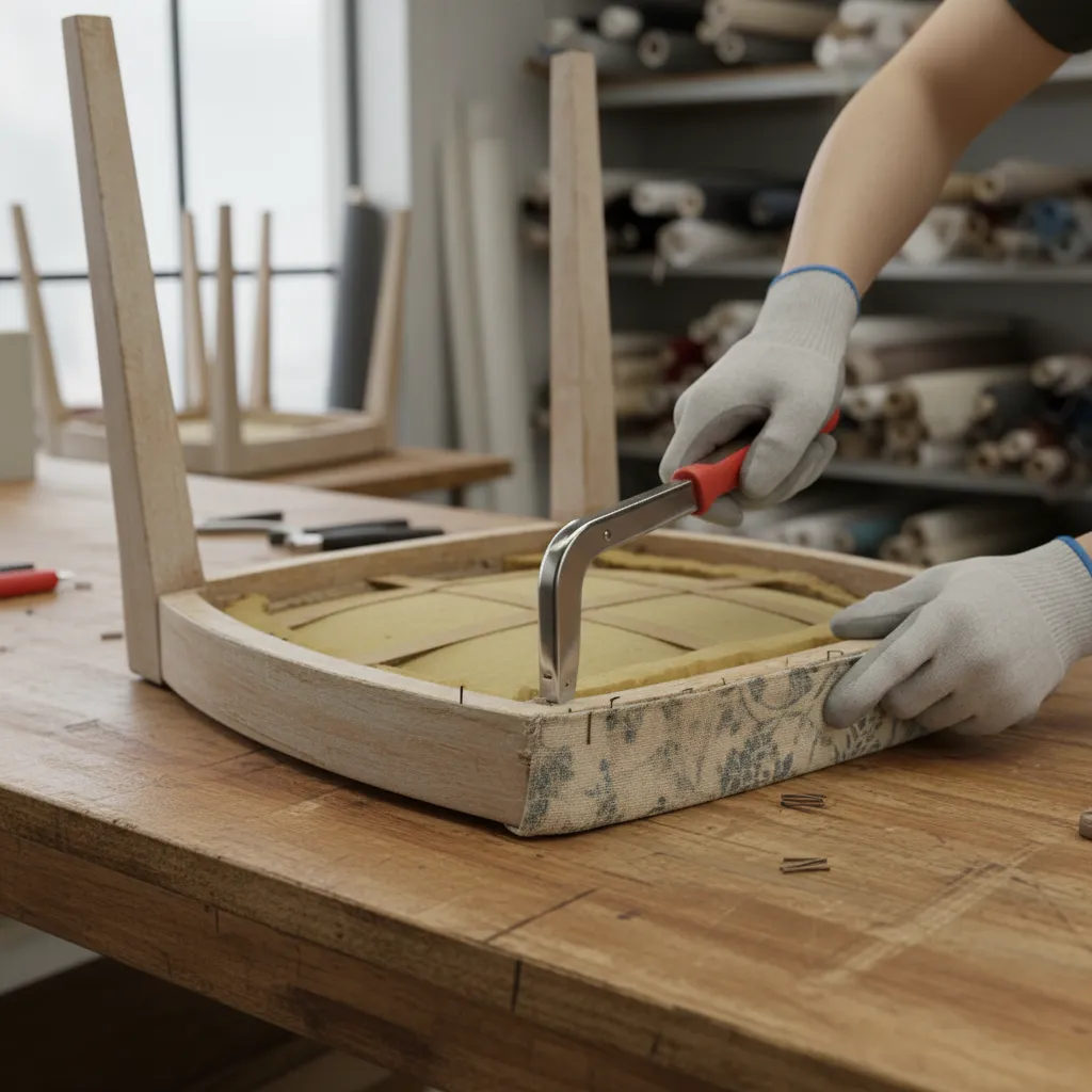 Upholsterer removing old staples and fabric from dining chair seat base