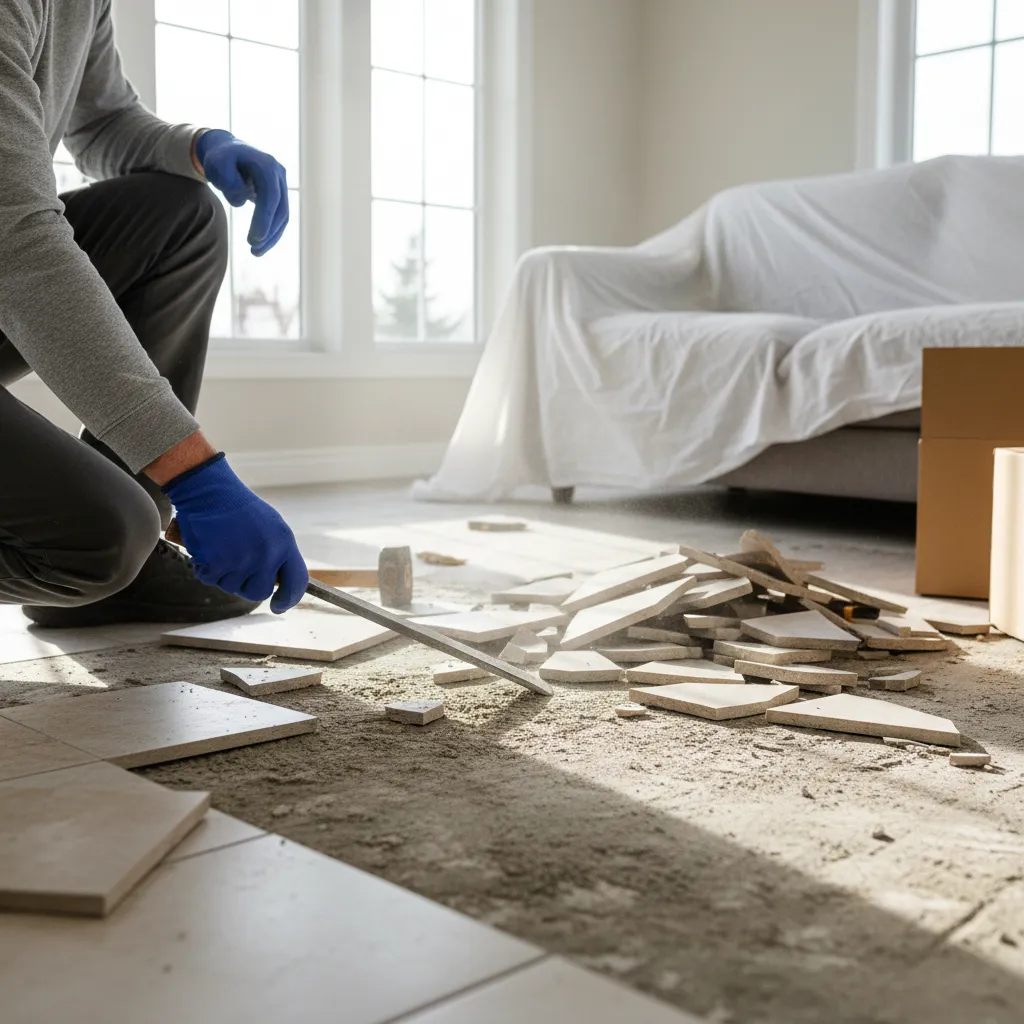 Worker removing old ceramic floor tiles with hammer and chisel