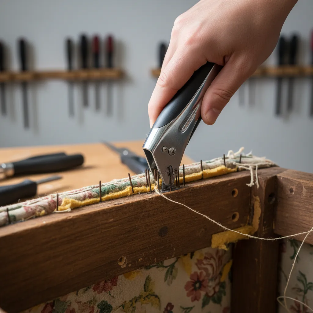 Using upholstery staple remover to remove staples from wooden chair frame