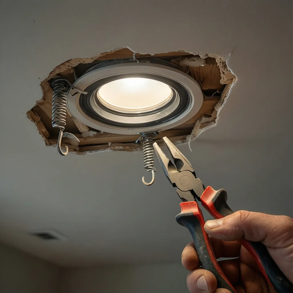 Hand using needle nose pliers to release recessed light spring clips