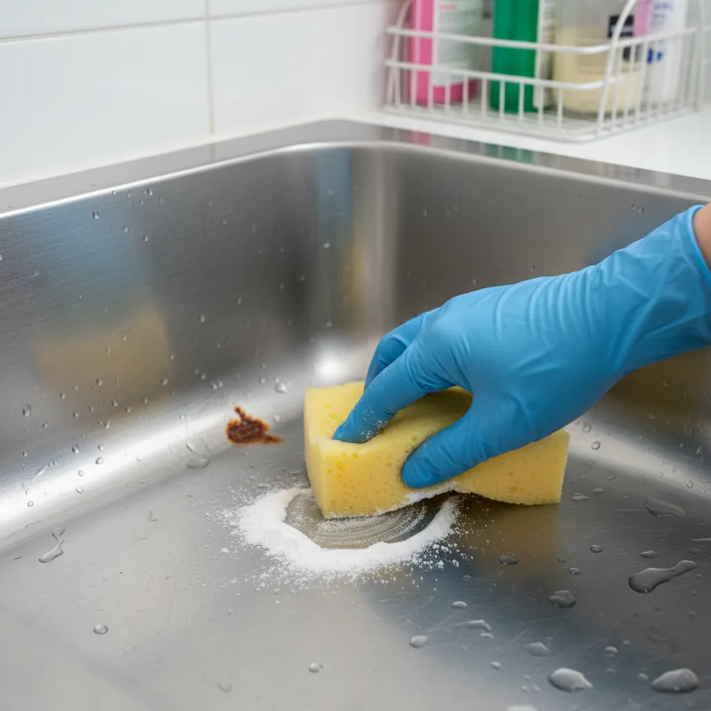 cleaning rust stains from a stainless steel laundry sink with sponge