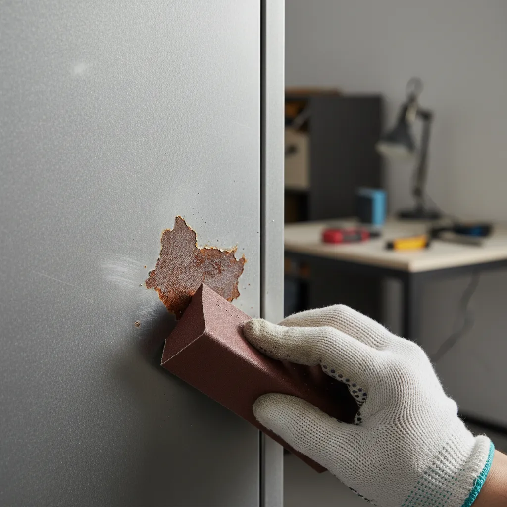 Close up of rust removal process on a steel wardrobe surface