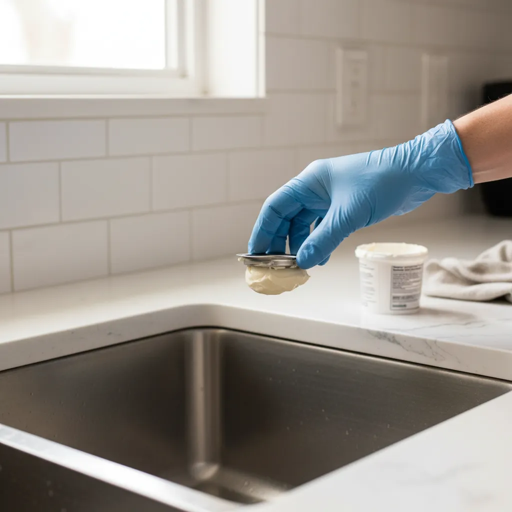 Person wearing blue glove holding a metal sink drain part with white putty over sink