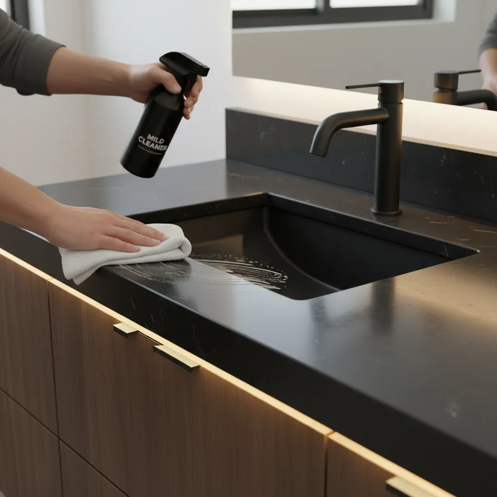 cleaning soap residue from black bathroom countertop with microfiber cloth
