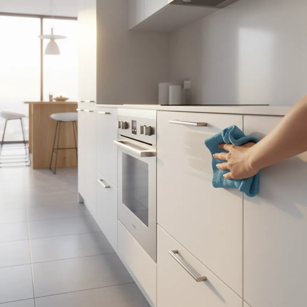 Wiping sticky grease from kitchen cabinet door with damp cloth