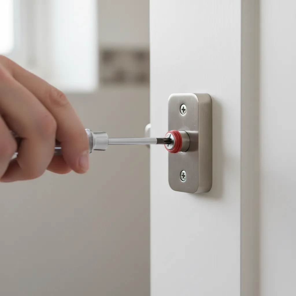 Removing stripped screws from bathroom door lock using screwdriver and rubber grip