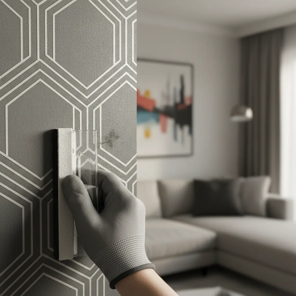 hand smoothing bubble from textured wallpaper using wallpaper tool