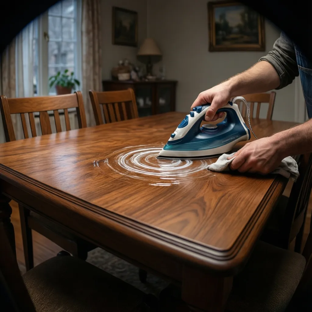 removing white water ring from wood dining table using cloth and warm iron