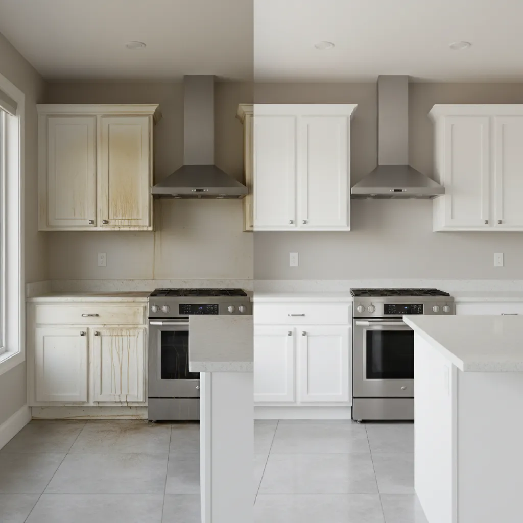 Before and after cleaning yellow smoke stains from kitchen cabinets