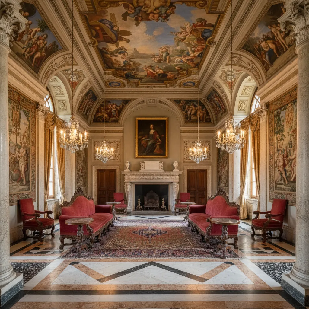 Gran salón renacentista con frescos en el techo y mobiliario clásico