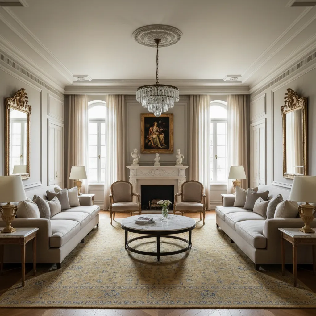 Interior moderno inspirado en el estilo renacentista con molduras y simetría