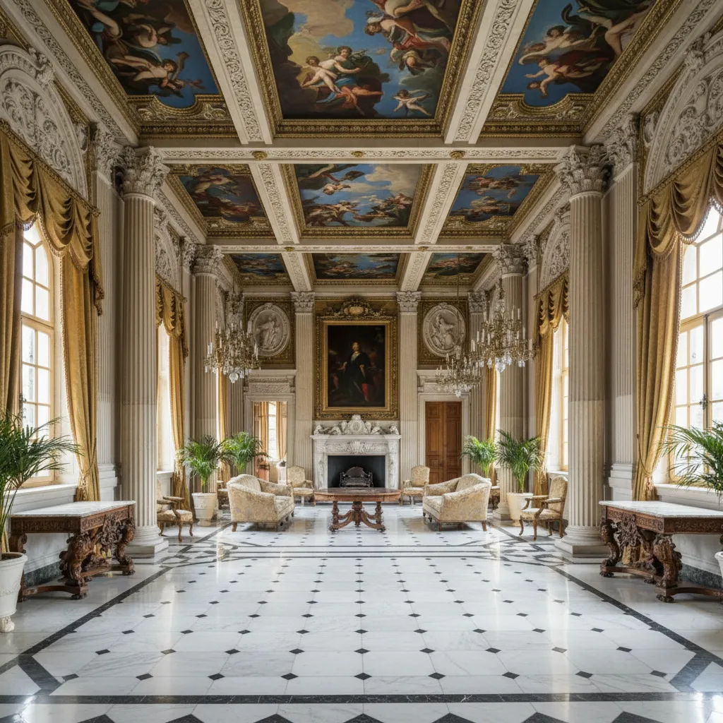 Interior renacentista con simetría arquitectónica y decoración clásica