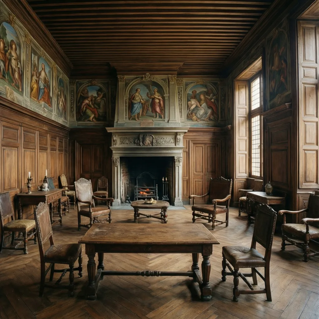 Sala renacentista con disposición simétrica y chimenea central