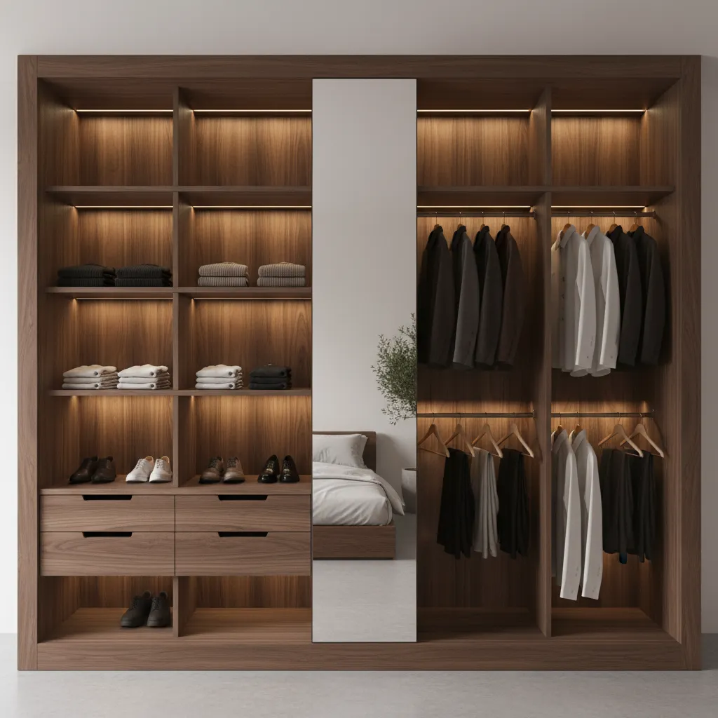 Render 3D de armario moderno con iluminación interior