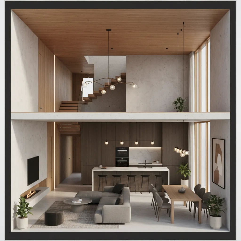 Render 3D de interior de casa moderna mostrando distribución completa