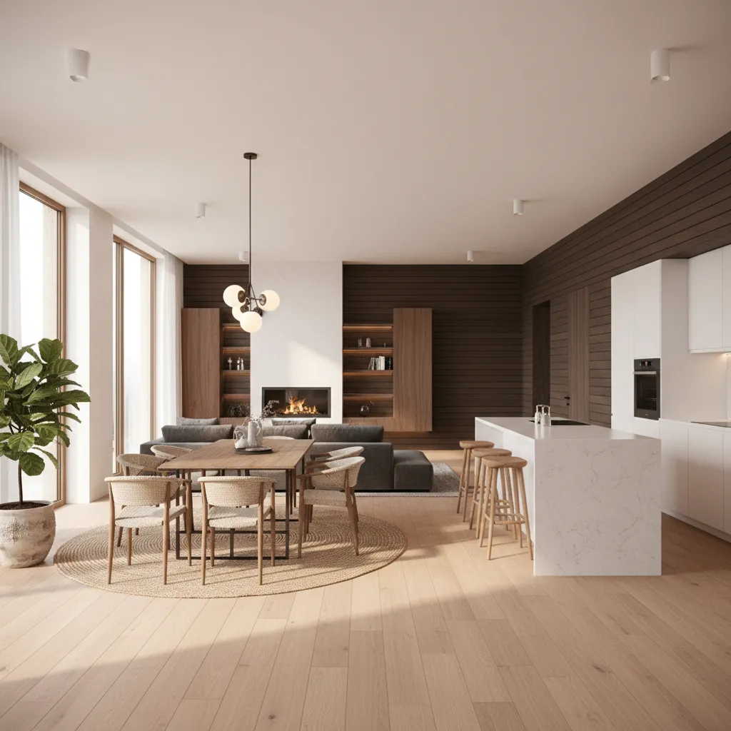 Modern open-plan home featuring a fireplace wooden wall panels dining area and white kitchen island